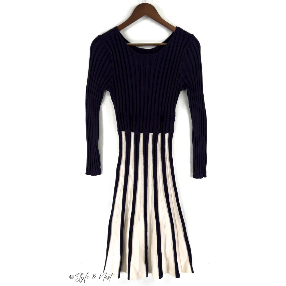 Women's Navy Blue Nautical Knitted Sweater Dress Seaside Coquette Size Large